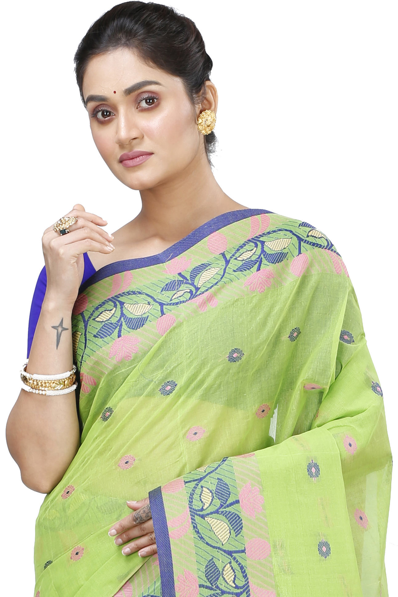 Olive Green Pure Cotton Govindi Tant Saree (938)